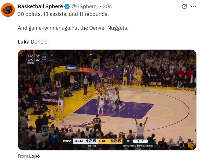 东契奇绝杀逆转掘金 湖人加时险胜打破丹佛魔咒